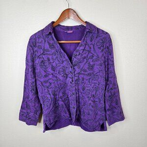 Tianello Distressed Women's Purple Floral Button-Up Shirt Size M